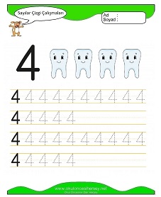 4 Rakamı Çizgi Çalışmaları Çalışma Sayfaları